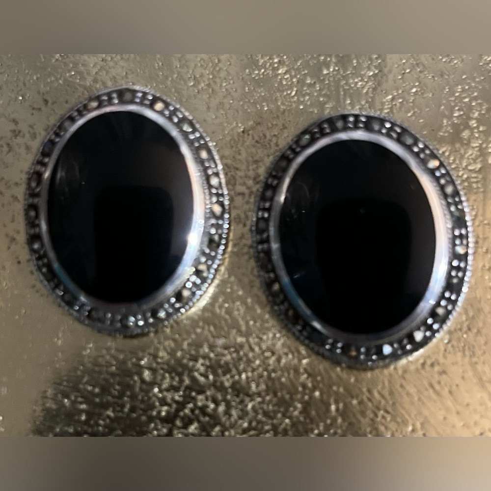 Black onyx marcasite sterling silver clip on earrings . 1 1/4 inches in height